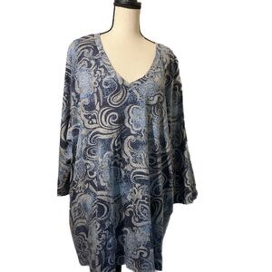 Roaman's Blue and Gray Paisley Cotton Tunic Top 3X